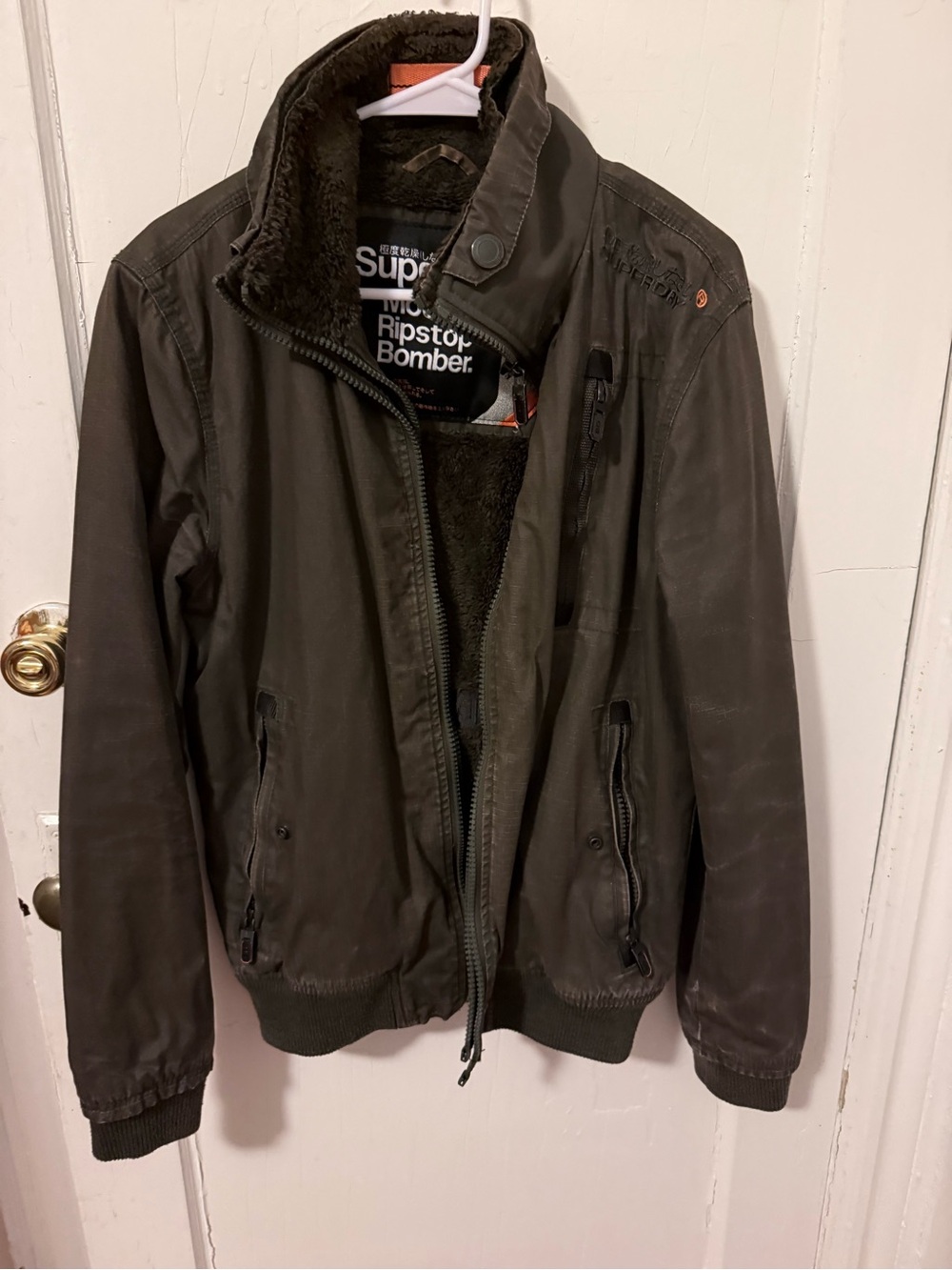 Superdry Olive Green Ripstop Bomber Jacket with Sherpa Lining